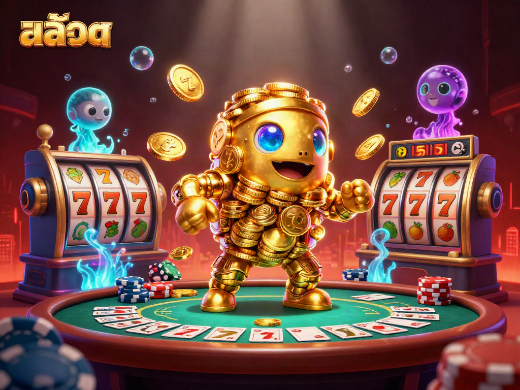 Spin the slots with สล็อต and immerse yourself in a vibrant casino scene featuring a golden golem.