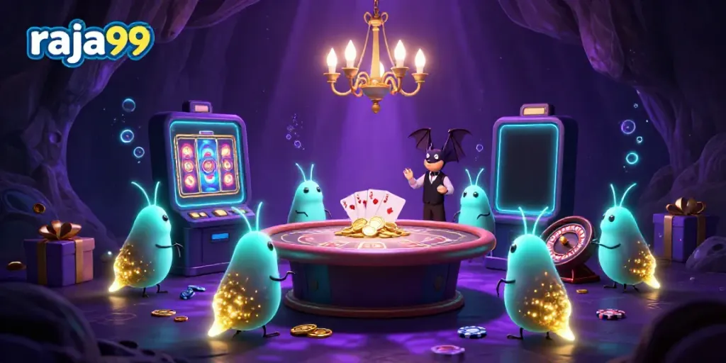 Experience raja99's enchanting cave casino illuminated by glowworms and vibrant gaming elements.