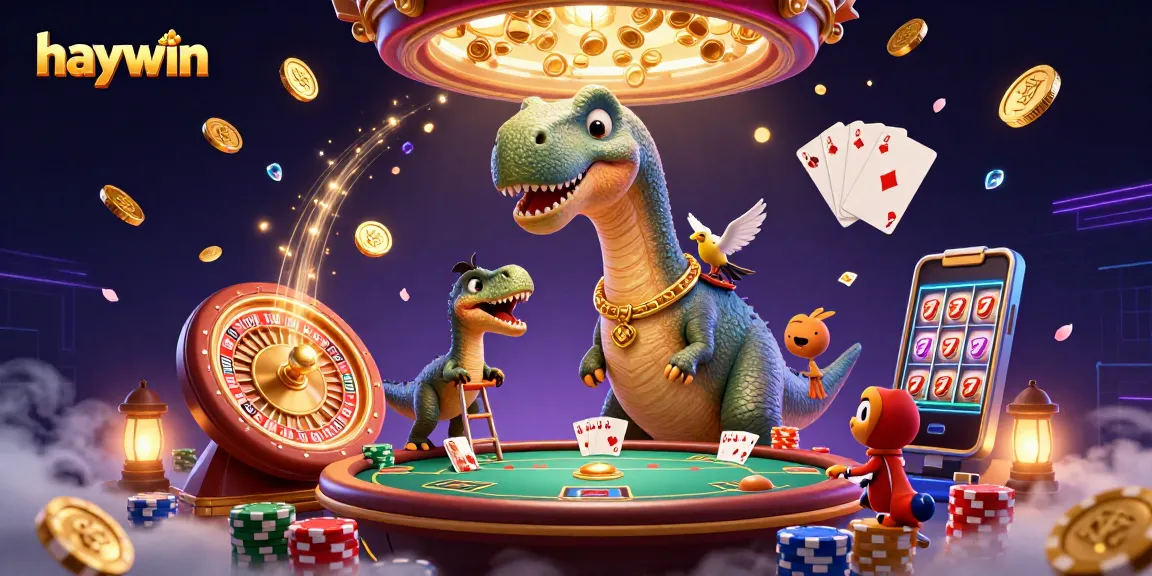 Experience winning at haywin with a fun-filled illustration featuring giant dinosaur and clever raptor in action.