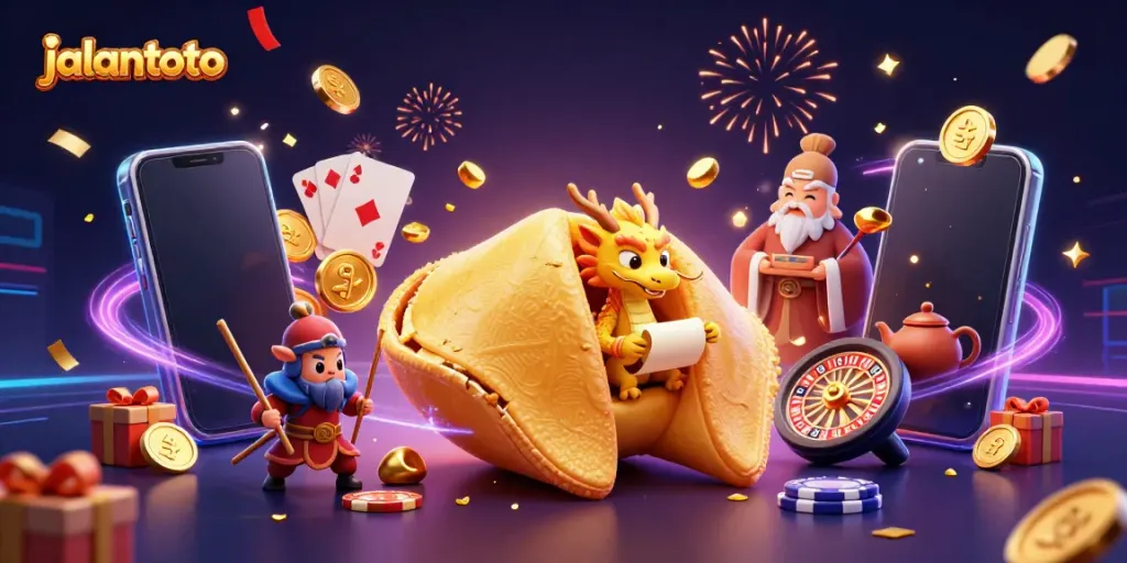 Permainan slot melalui jalantoto dengan karakter lucu dan elemen kemenangan di sekitarnya.