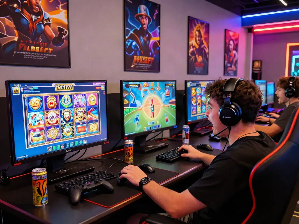 Player engaging with slot server Thailand games on a high-tech setup, showcasing excitement and colorful graphics.