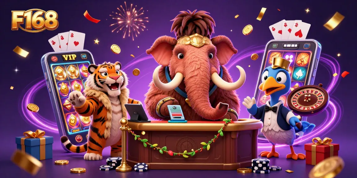 Join F168 as a 3D cartoon bouncer welcomes a saber-toothed VIP, highlighting casino excitement.