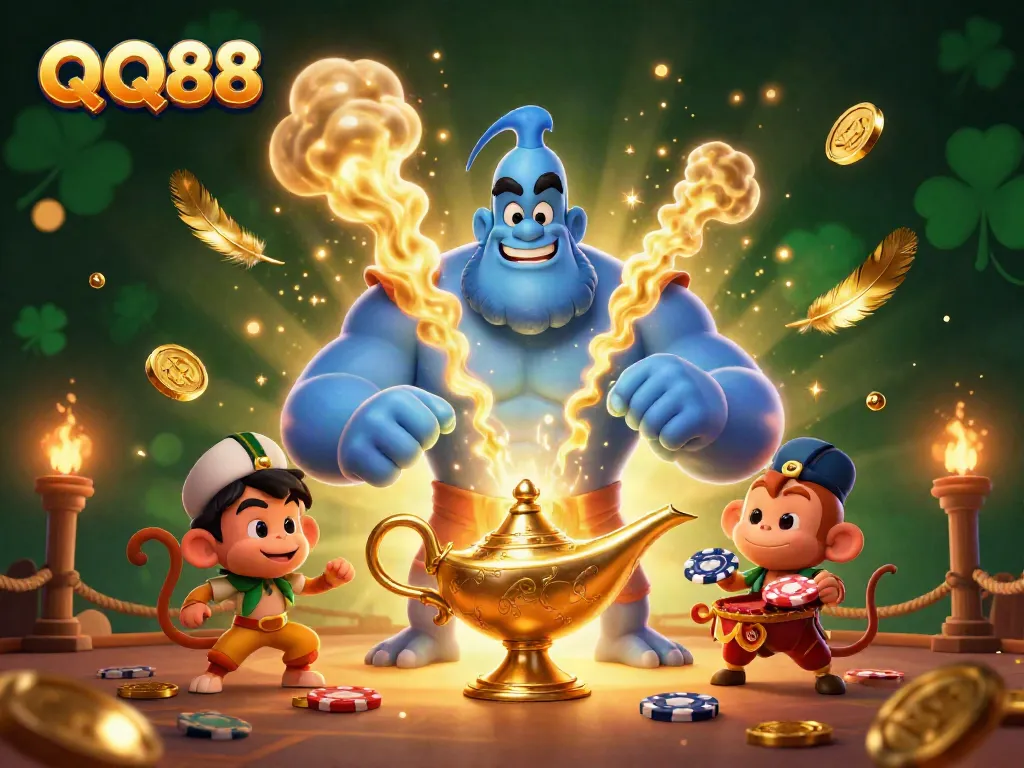 Experience thrilling gameplay at QQ88 with a vibrant illustration featuring iconic casino elements and rich details.