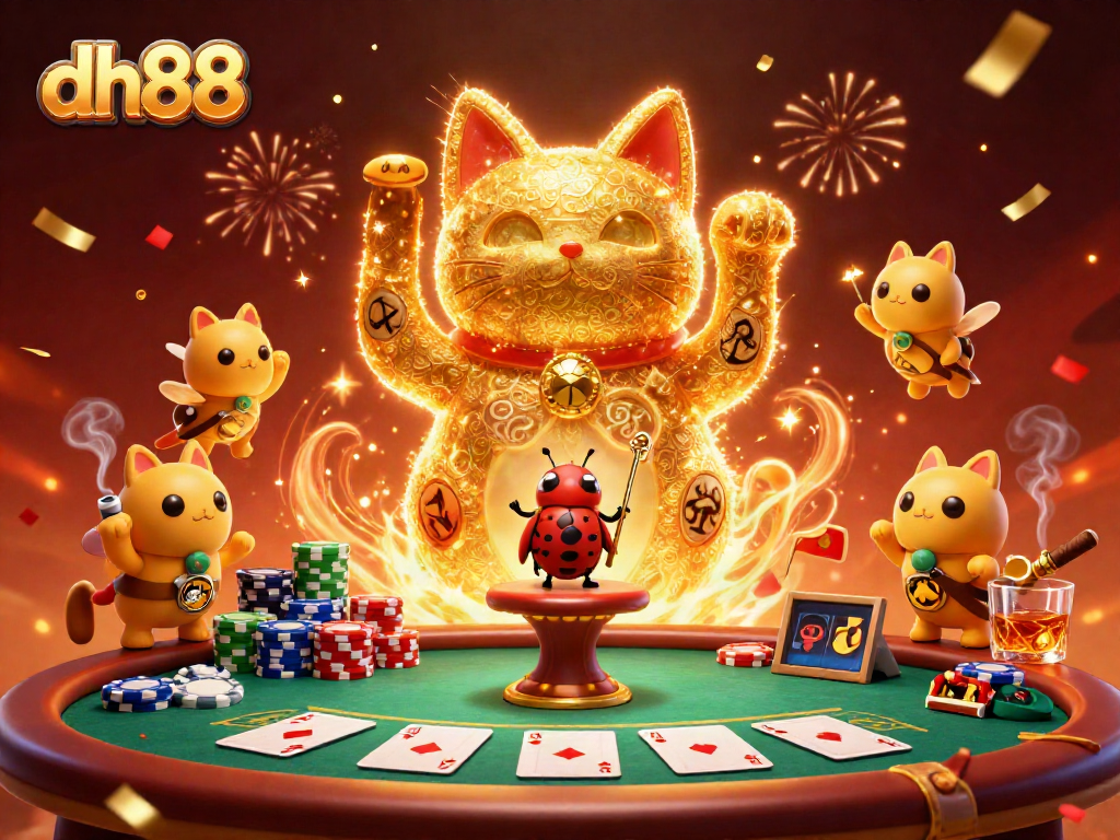 Engage with the vibrant dh88 lucky cat casino illustration filled with poker symbols.