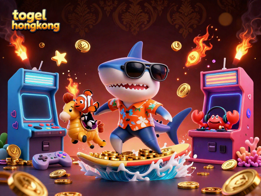 Menyajikan togel hongkong dalam suasana kasino, hiu kartun surfing di atas koin emas.