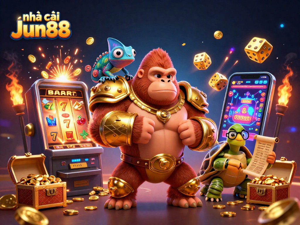 Engage with nhà cái Jun88 through an exciting 3D casino scene featuring vibrant characters and slot machine action.