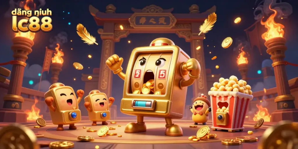 Experience the thrill of đăng nhập lc88 as the golden slot machine hits a jackpot, surrounded by excitement and winning spirit.