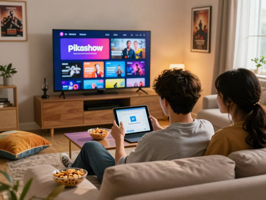 Pikashow apk download in a cozy living room scene with friends enjoying streaming options on a tablet.