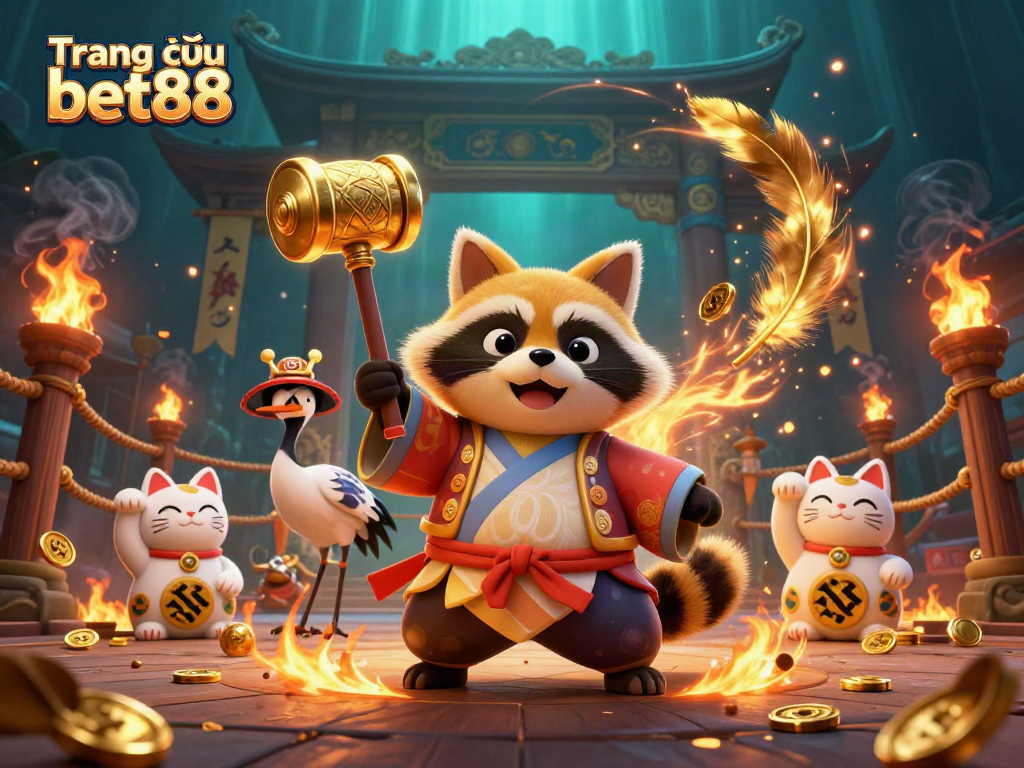 Experience the thrill of Trang chủ bet88 with vibrant maneki-neko and a cheerful tanuki celebrating your winnings.