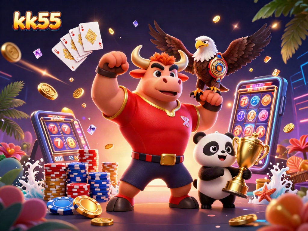 Engage with kk55 casino's vibrant victory scene featuring a bull mascot, eagle, and panda amidst dynamic gaming elements.
