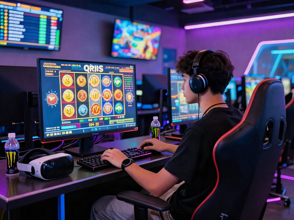 Player enjoying an immersive qris slot game in a vibrant gaming lounge.