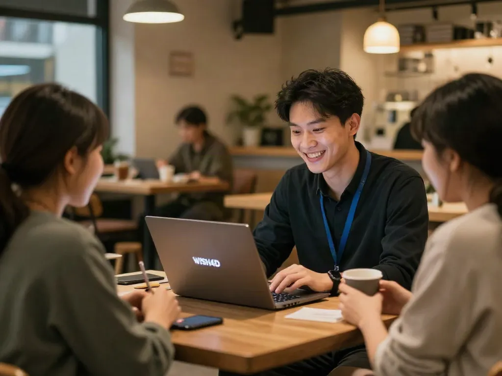 WISH4D trusted provider working at a local cafe, engaging customers.