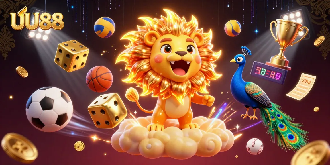 UU88 betting action showcases a roaring lion with dynamic sports elements and vibrant colors.