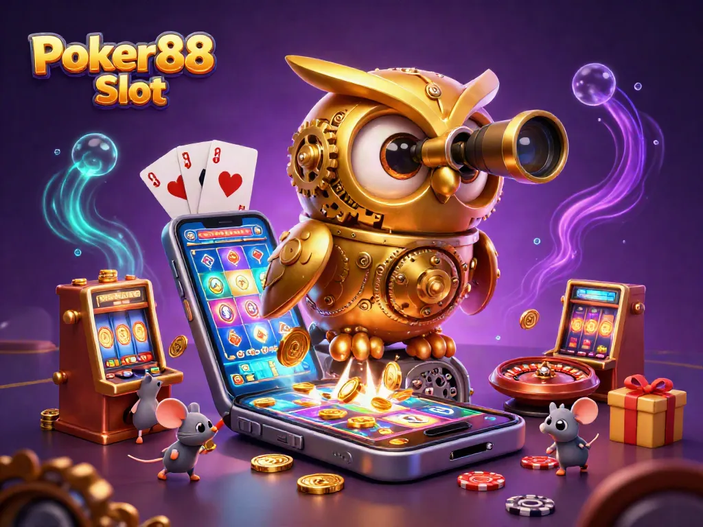Experience thrilling gameplay with Poker88 Slot through a mesmerizing 3D illustration of a whimsical casino scene.