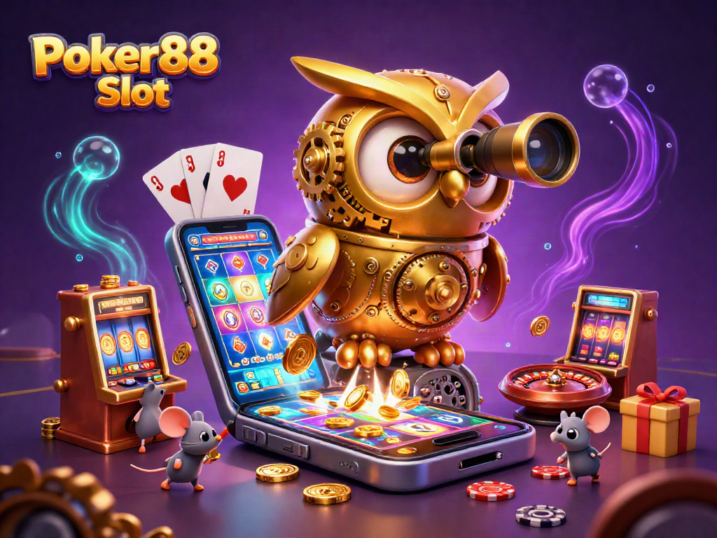 Experience thrilling gameplay with Poker88 Slot through a mesmerizing 3D illustration of a whimsical casino scene.