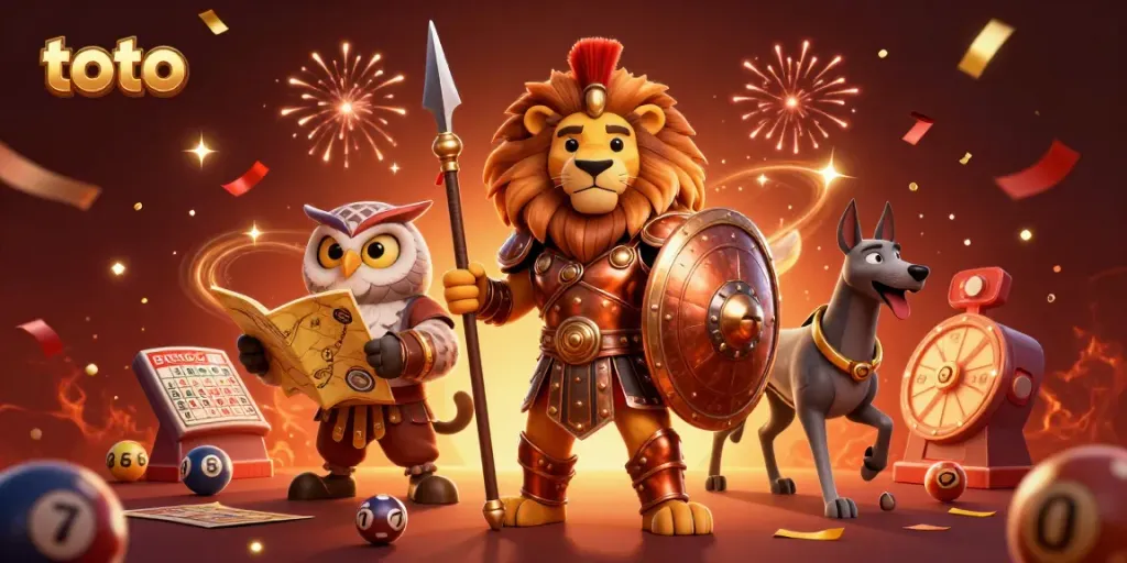Engaging scene with a Spartan lion, tactical owl, and swift greyhound in a lottery-themed casino environment showcasing toto.