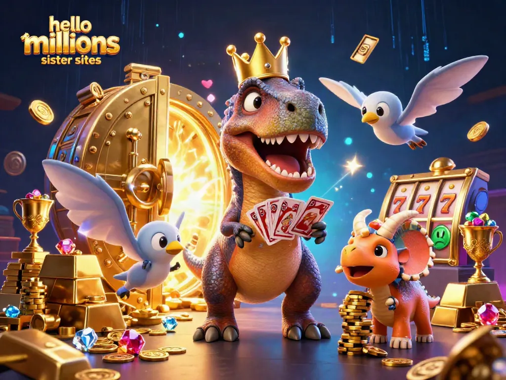 Experience thrilling games at hello millions sister sites with a dynamic scene featuring vibrant characters and casino elements.