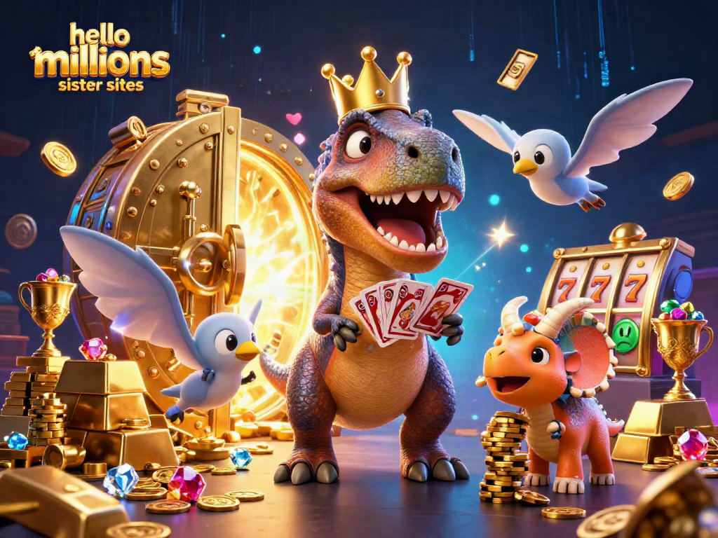 Experience thrilling games at hello millions sister sites with a dynamic scene featuring vibrant characters and casino elements.