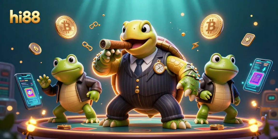 Experience the excitement of hi88 with a colorful 3D casino scene full of vibrant characters and glowing crypto elements.