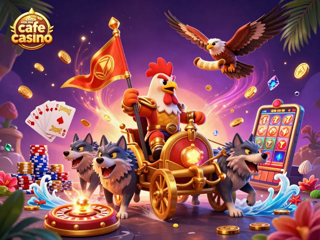 Experience the thrill of websites like cafe casino with a dynamic 3D illustration featuring unique characters and casino elements.