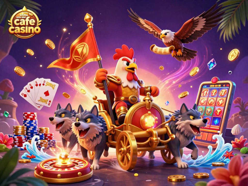 Experience the thrill of websites like cafe casino with a dynamic 3D illustration featuring unique characters and casino elements.