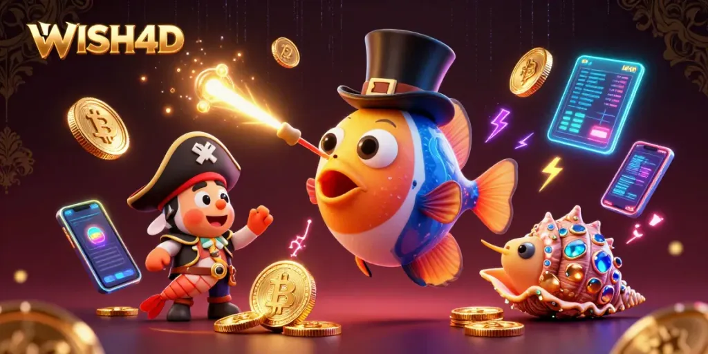 Engage with WISH4D's dynamic 3D scene featuring a playful anglerfish, pirate shrimp, and gem snail. Win golden coins!