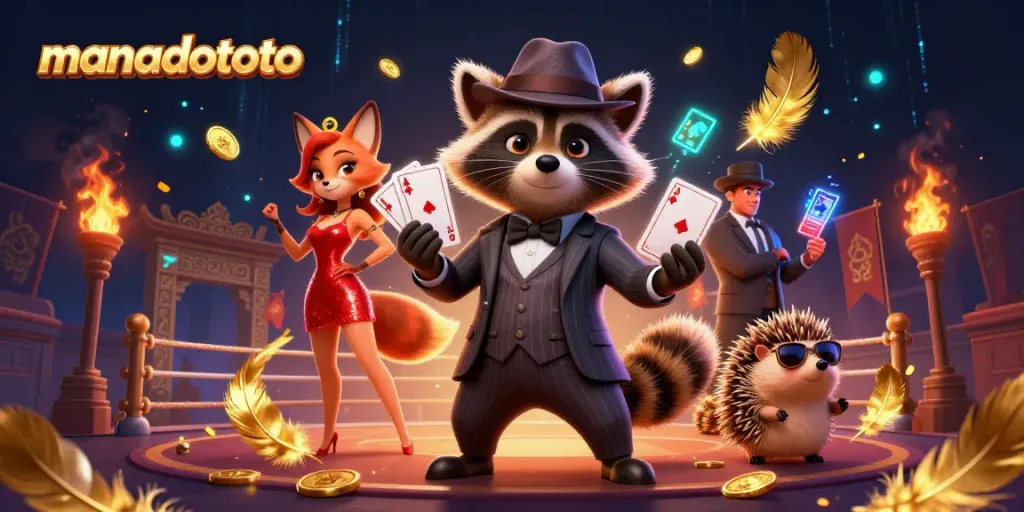 Experience the thrilling world of manadototo with a raccoon holding a royal flush alongside a dazzling fox in a casino scene.