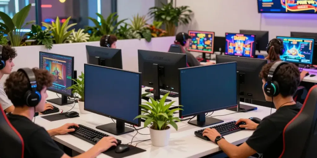 Players enjoying a thrilling game online in a vibrant gaming lounge
