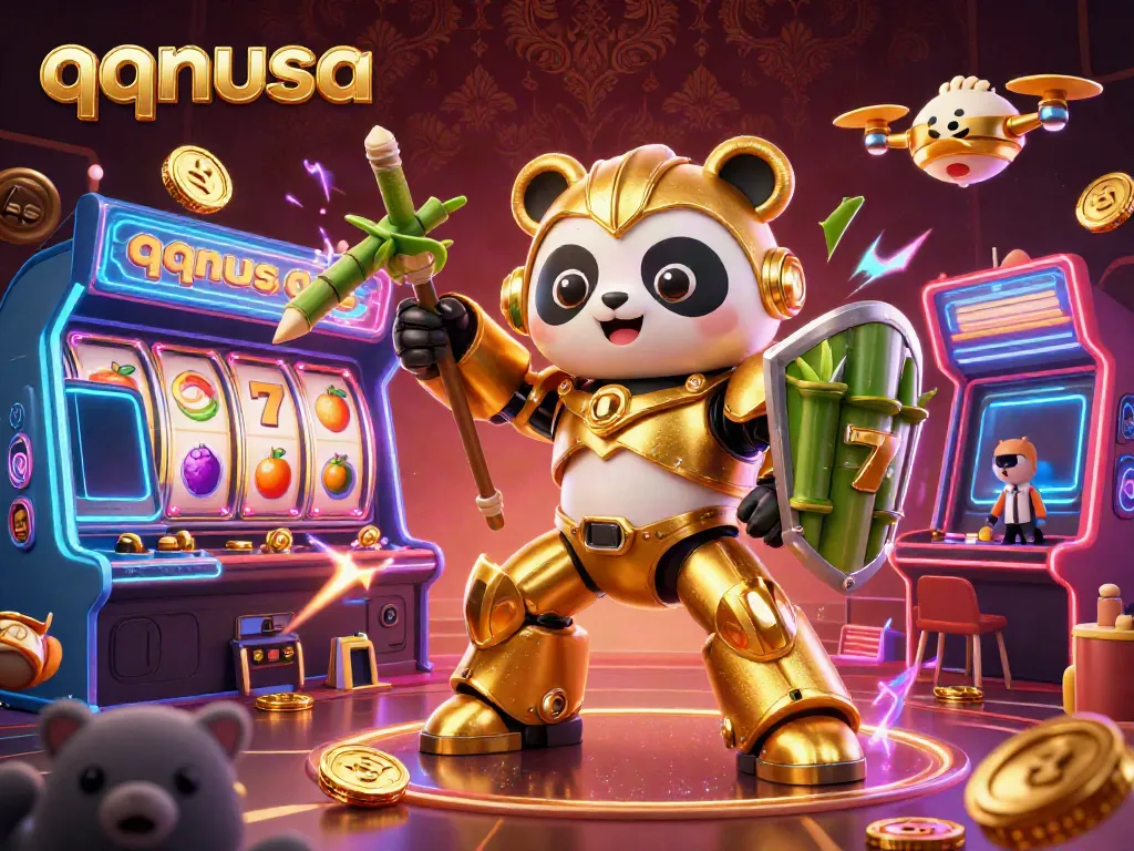 Experience action-packed gaming with qqnusa, showcasing a vibrant casino scene with a golden panda piloting a robot.