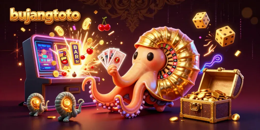 Bujangtoto showcases vibrant casino-themed 3D art featuring a giant nautilus roulette wheel and casino games.