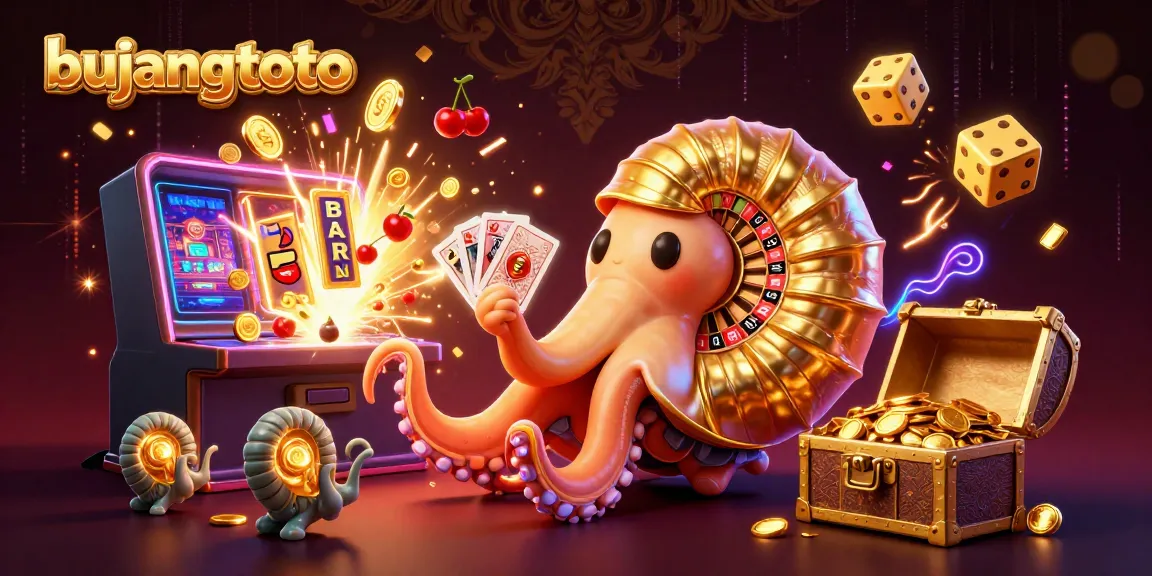 Bujangtoto showcases vibrant casino-themed 3D art featuring a giant nautilus roulette wheel and casino games.