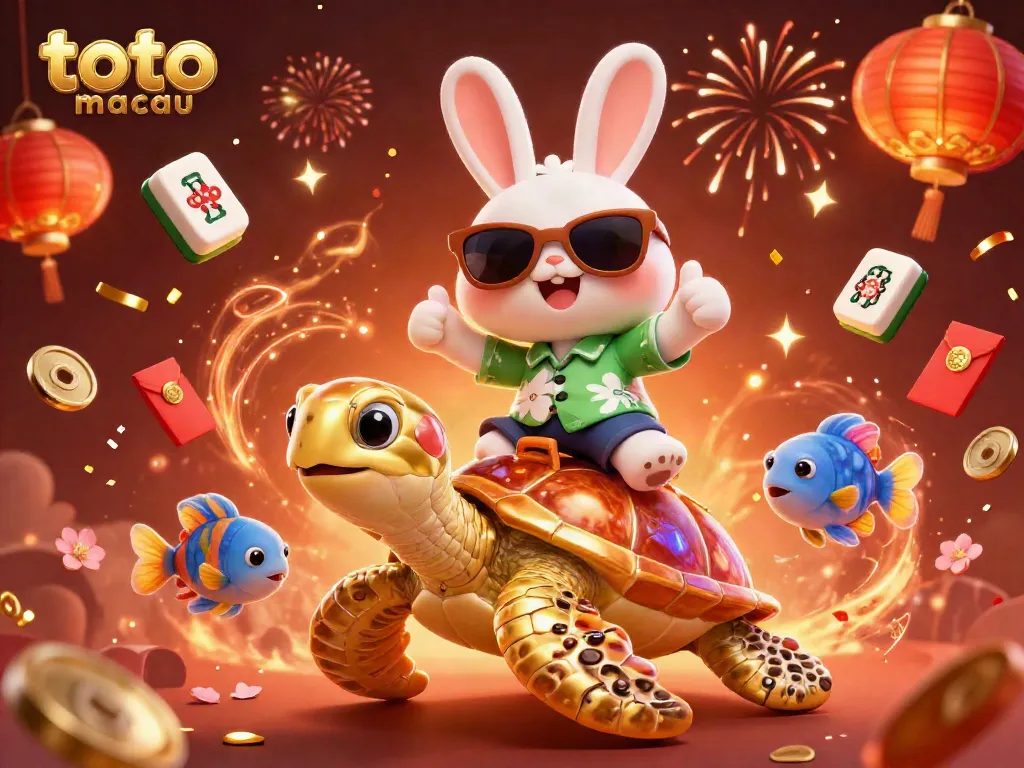 Experience the thrill of toto macau with a lively 3D illustration featuring a lucky rabbit and sea turtle.