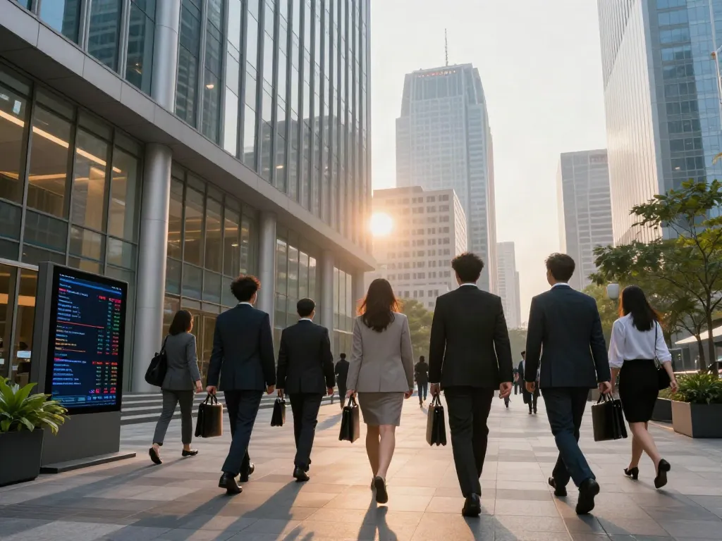 People in business attire walking in urban financial district near largest banks in the world by total assets.