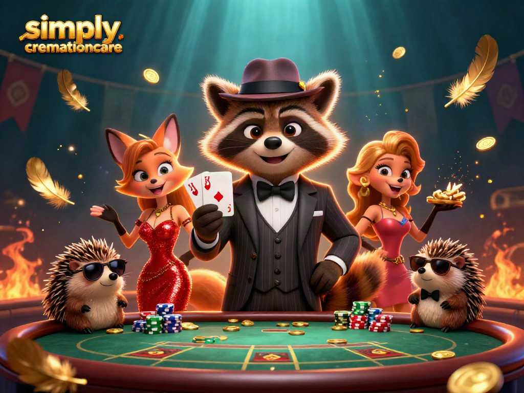 Experience the thrill at simplycremationcare as raccoon gamblers celebrate with a royal flush at a lively poker table.
