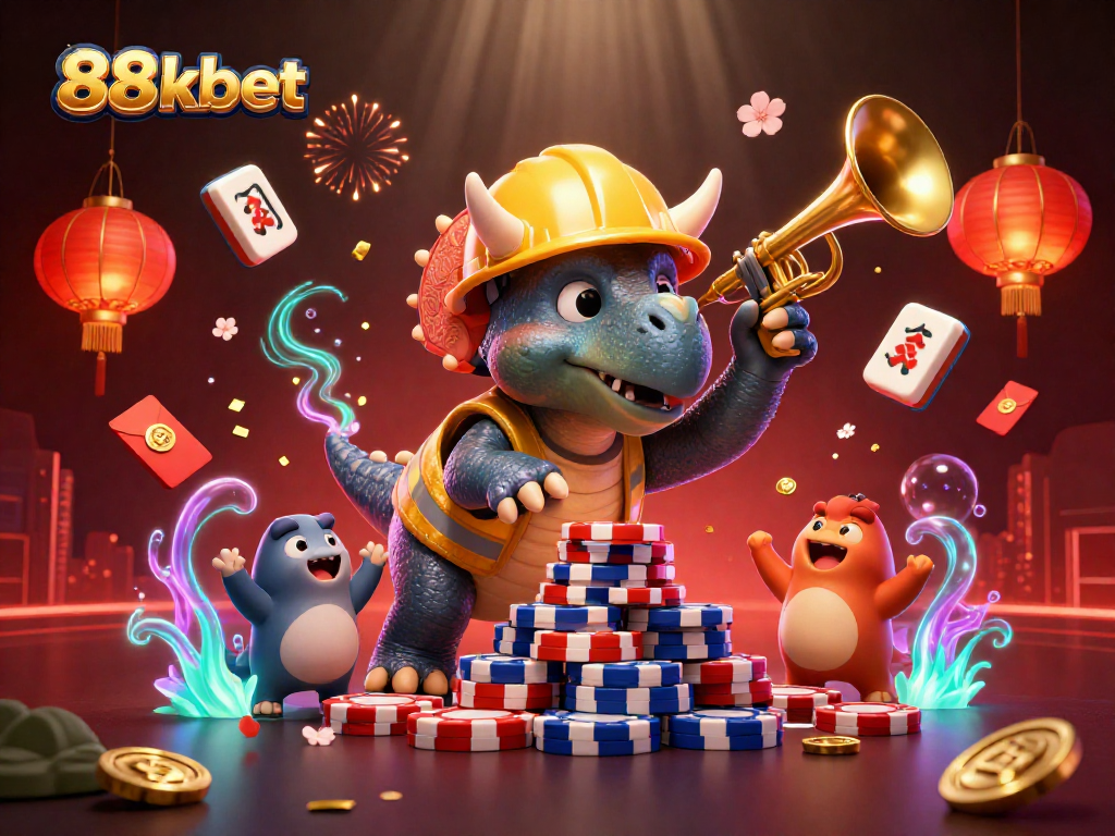 88kbet celebrates wins with a 3D illustration of lively casino elements and characters.
