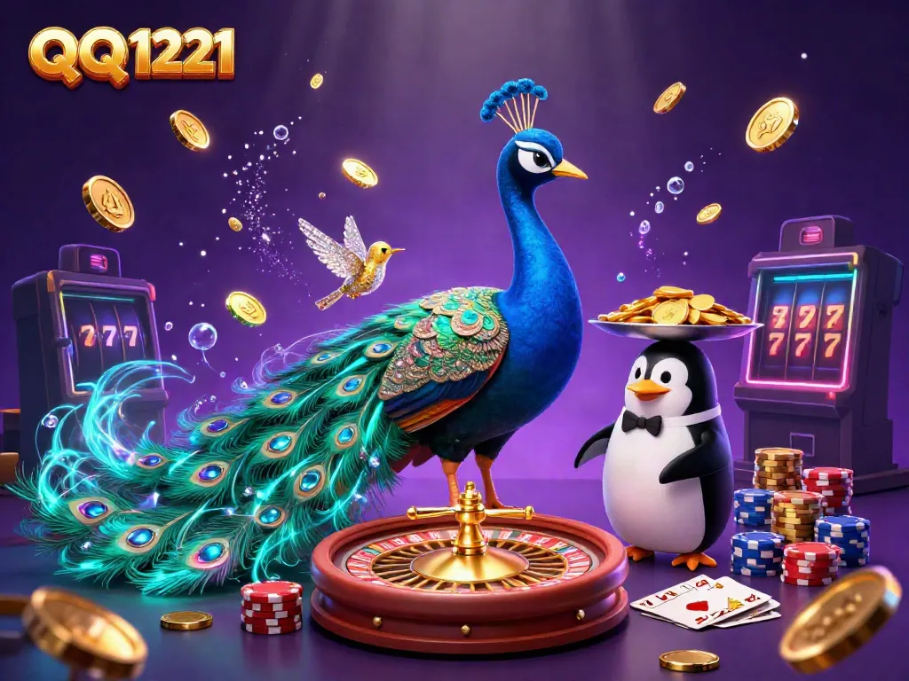 Engage in winning with QQ1221, where golden coins and peacock characters illustrate the gaming excitement.