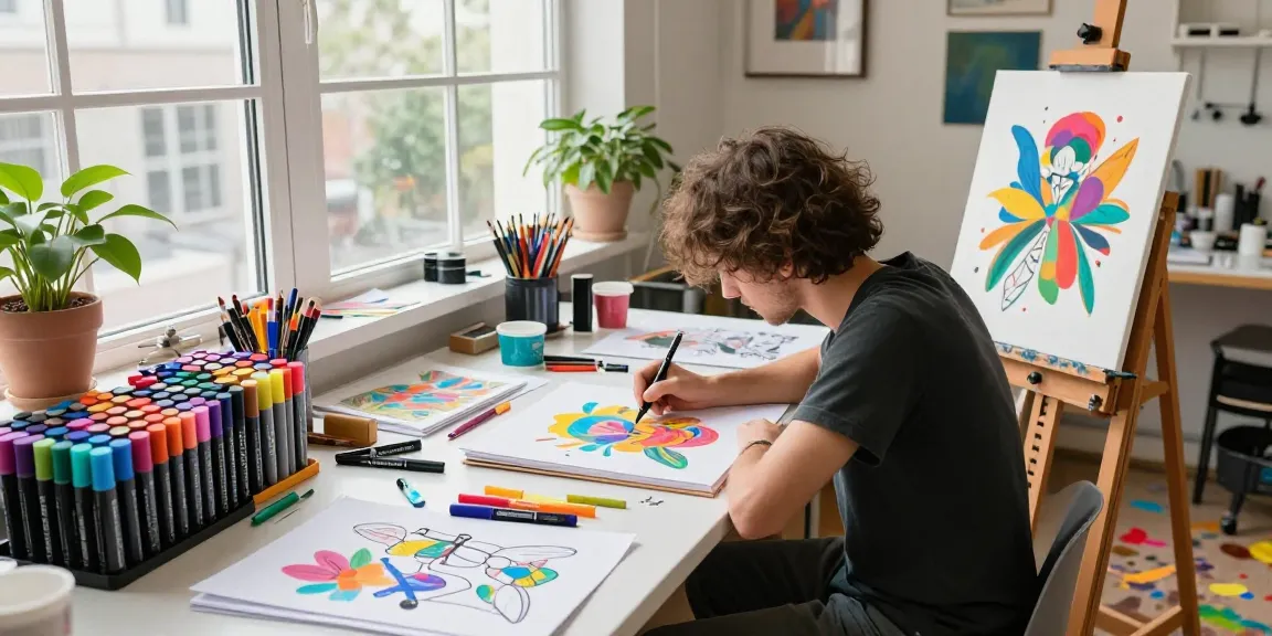 marker pen supplier showcasing a vibrant artist workspace with colorful markers and artwork