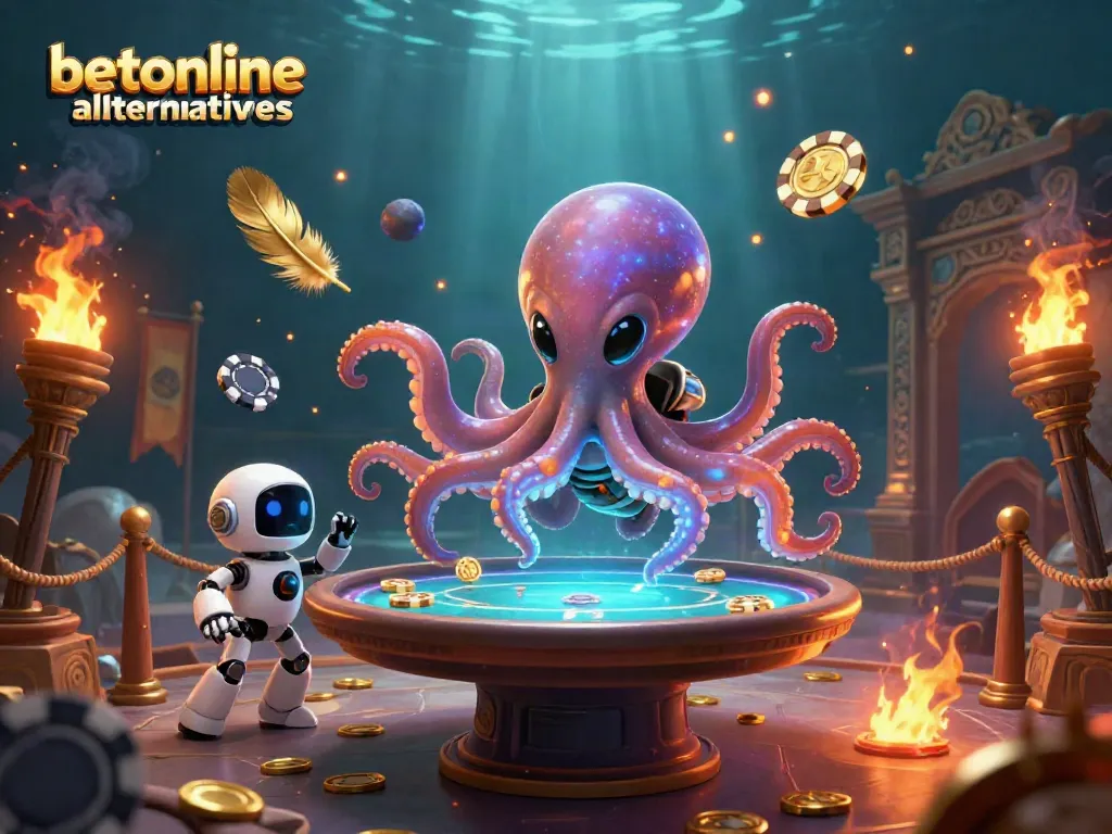 Enjoy thrilling action with betonline alternatives at a dynamic poker table in an intergalactic scene.
