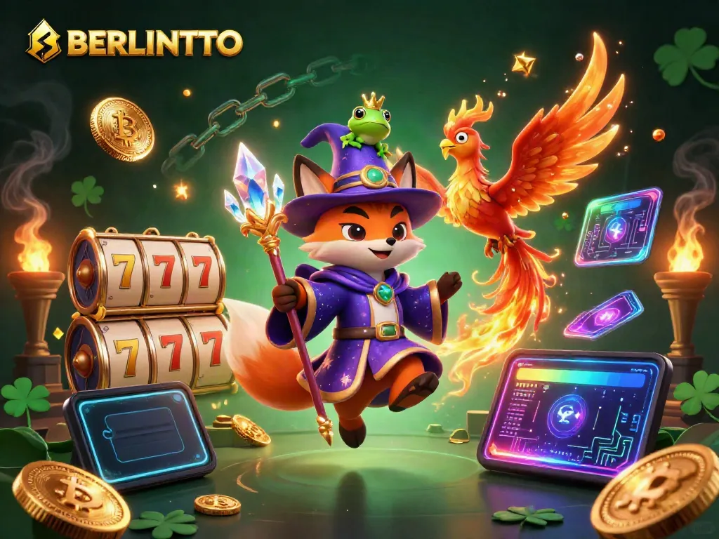 Engage with BERLINTOTO's thrilling slot games through this vibrant 3D scene of wizards and crypto elements.