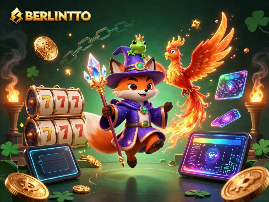 Engage with BERLINTOTO's thrilling slot games through this vibrant 3D scene of wizards and crypto elements.