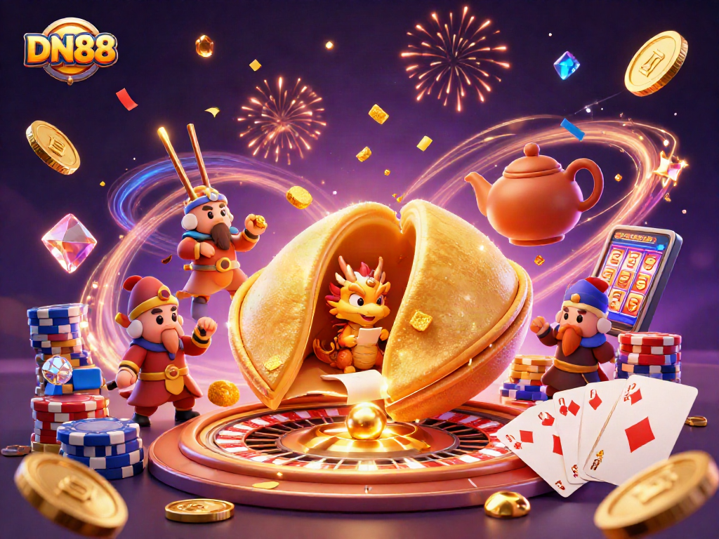 Win big with DN88's vibrant gaming scene featuring captivating characters and sparkling casino elements.