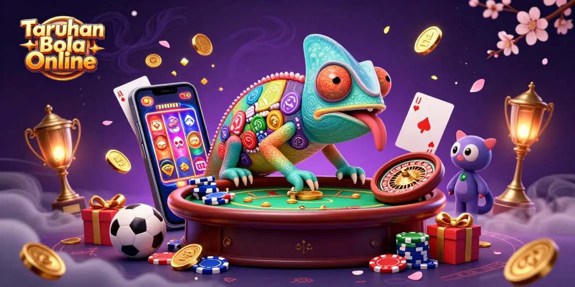 Engage with Taruhan Bola Online through a vibrant 3D illustration showcasing a colorful chameleon casino owner and betting elements.