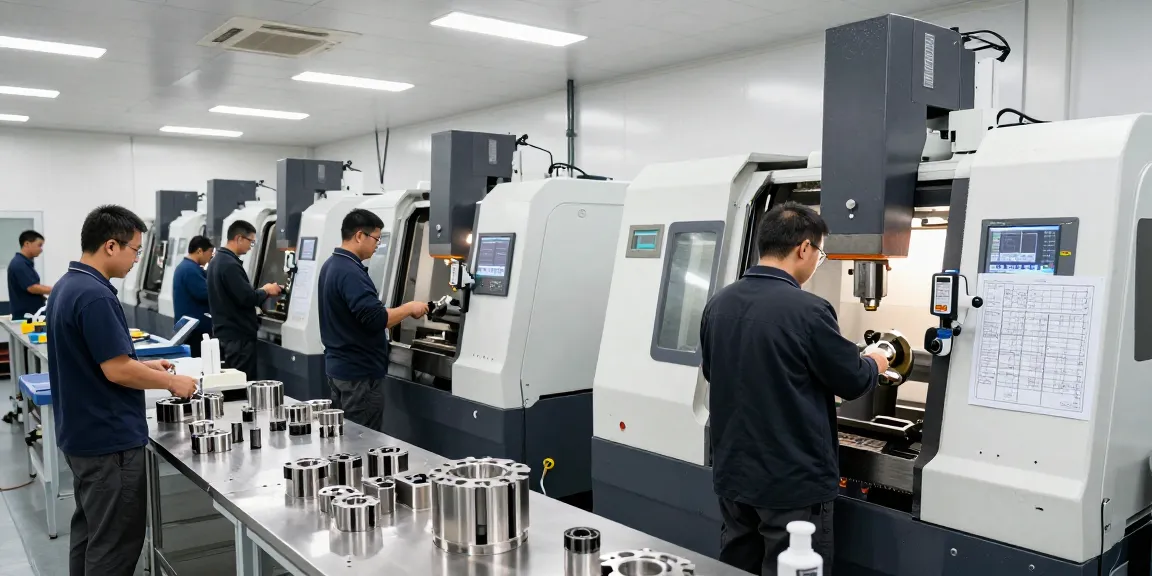CNC machining parts manufacturer in a professional workshop showcasing skilled machinists operating high-precision machinery.
