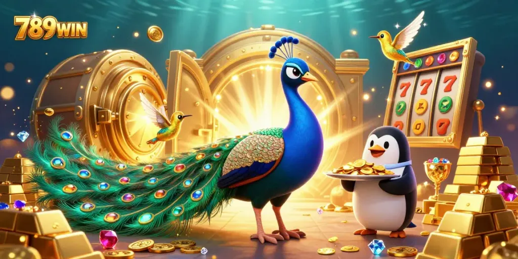 Spin the reels with 789WIN's dynamic illustration showcasing thrilling slots and vibrant characters.