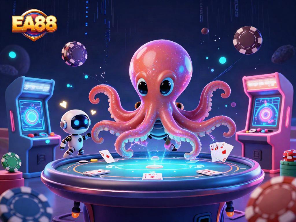 Engage in dynamic action at EA88's holographic poker table surrounded by vibrant casino elements.
