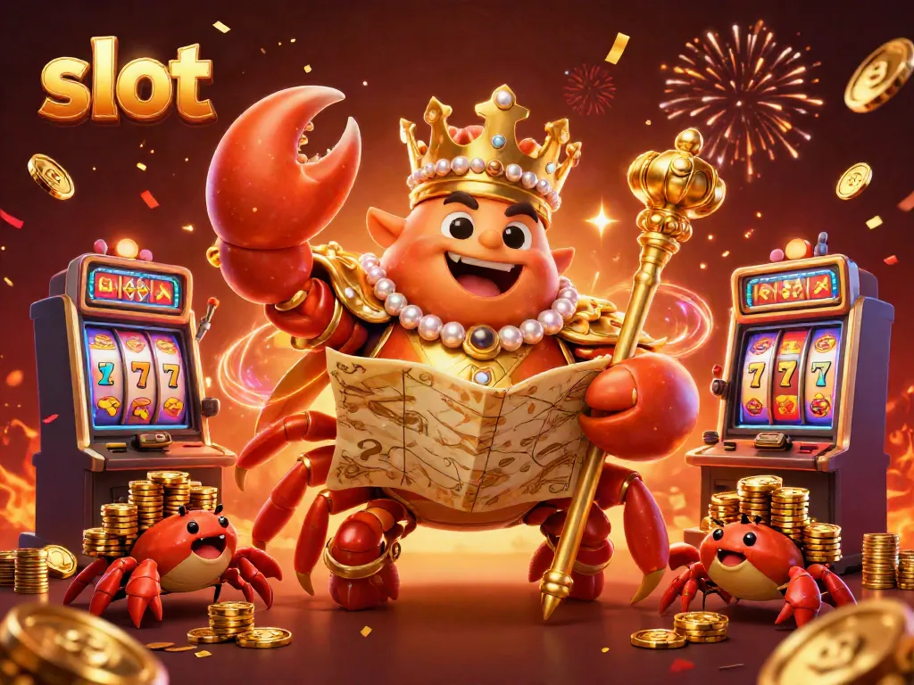 Engaging illustration of a golden crab emperor ruling over slot machines with vibrant spinning reels.