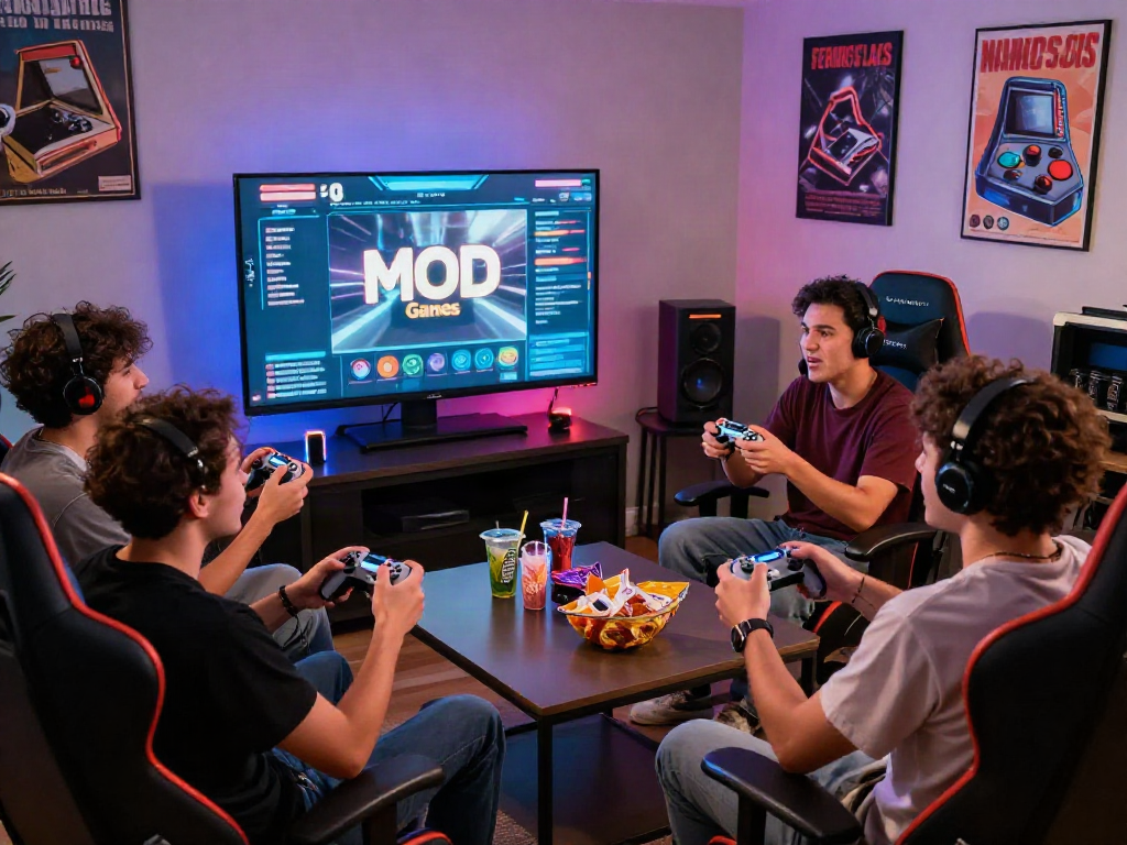 Friends enjoying MOD Games together in a vibrant gaming setup with LED lights.