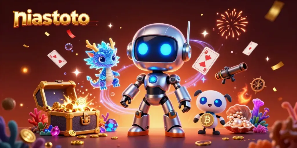 Engage in gaming excitement with niastoto as a vibrant, animated scene full of casino-themed elements.
