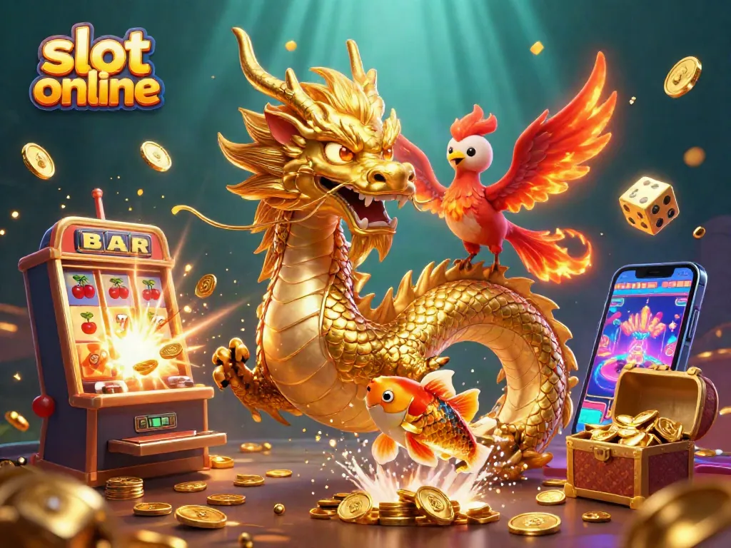 Experience thrilling gameplay with slot online featuring a majestic dragon, phoenix, and koi fish in a colorful casino scene.