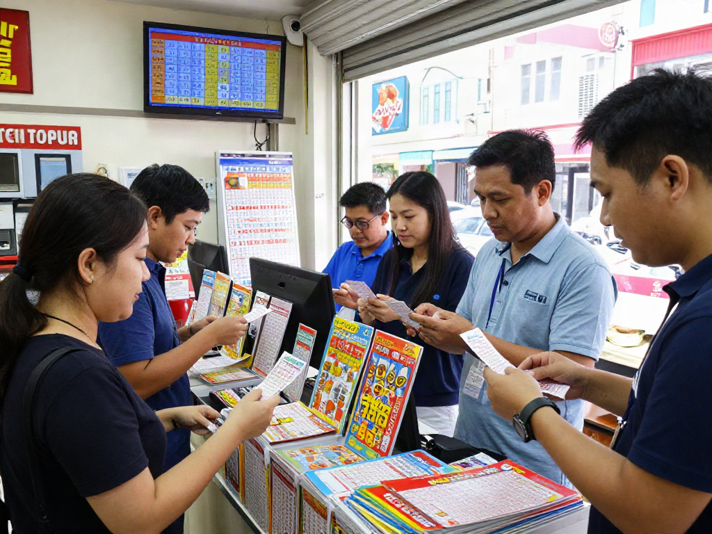 Toto 4D lottery shop with excited customers checking tickets and results.